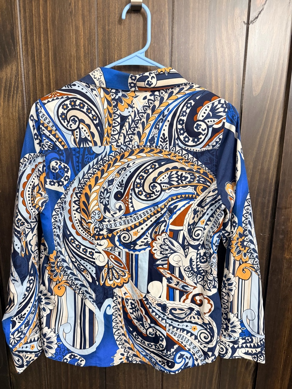 Chico's Blue, Navy & Orange Paisley Button-Front Blouse - Picture 6 of 7
